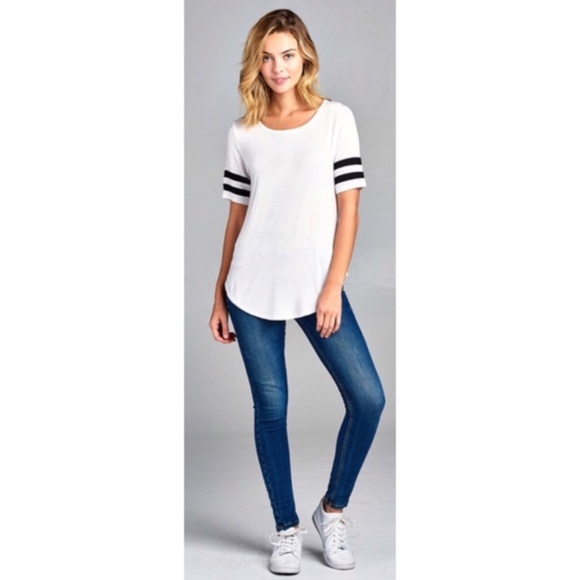  White w/ Black Varsity Stripes Crewneck Top - Picture 2 of 3